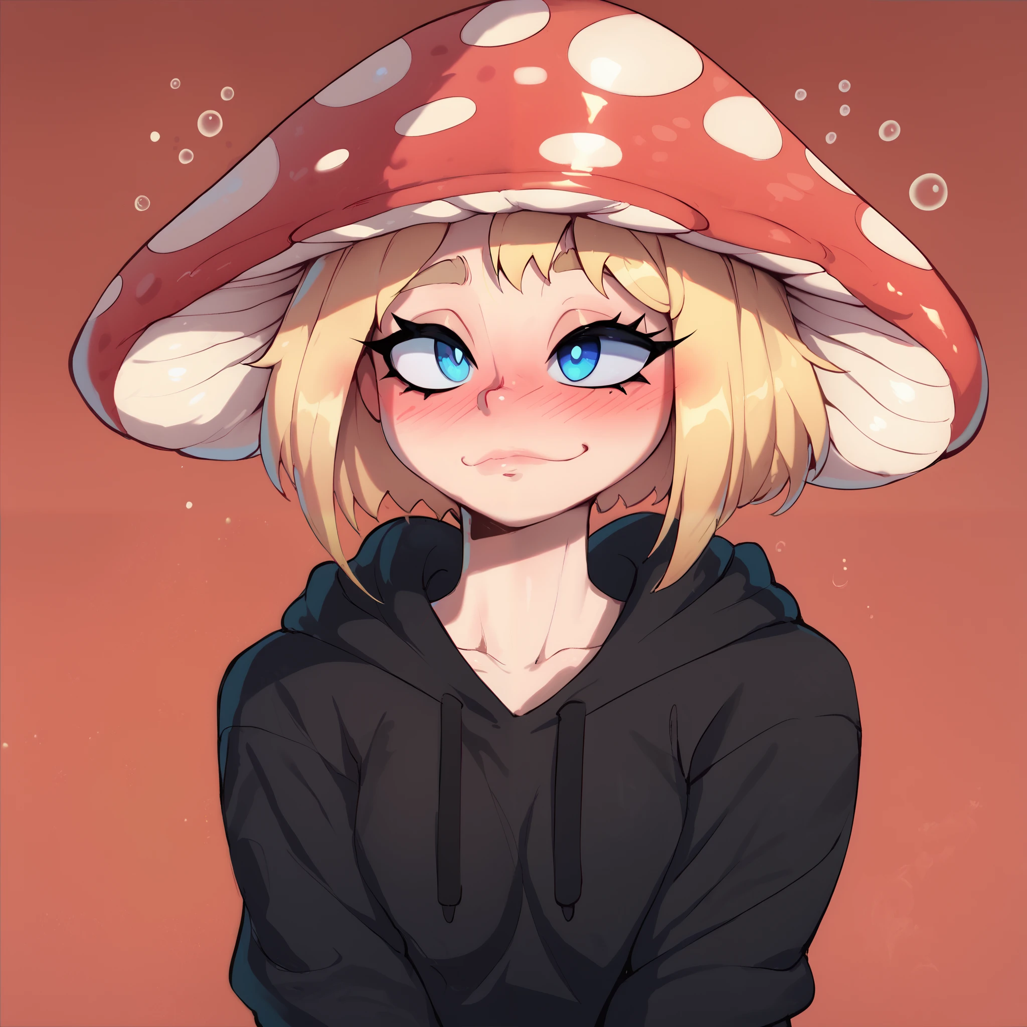 tayuri style, simple background, upclose, mushroom girl, red mushroom on head, blonde hair, blue eyes, blushing, drunk expression, black hoodie, 