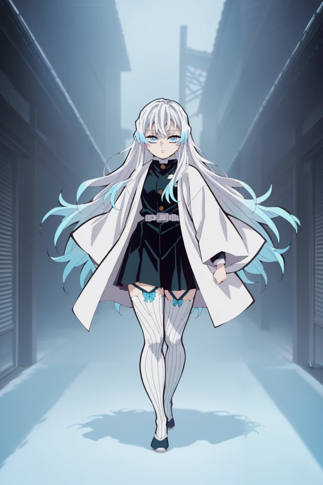 1girl, solo, bright blue , very long hair, blue eyes, white haori, demon slayer uniform, white stockings, arrogant look, cold look, full body 