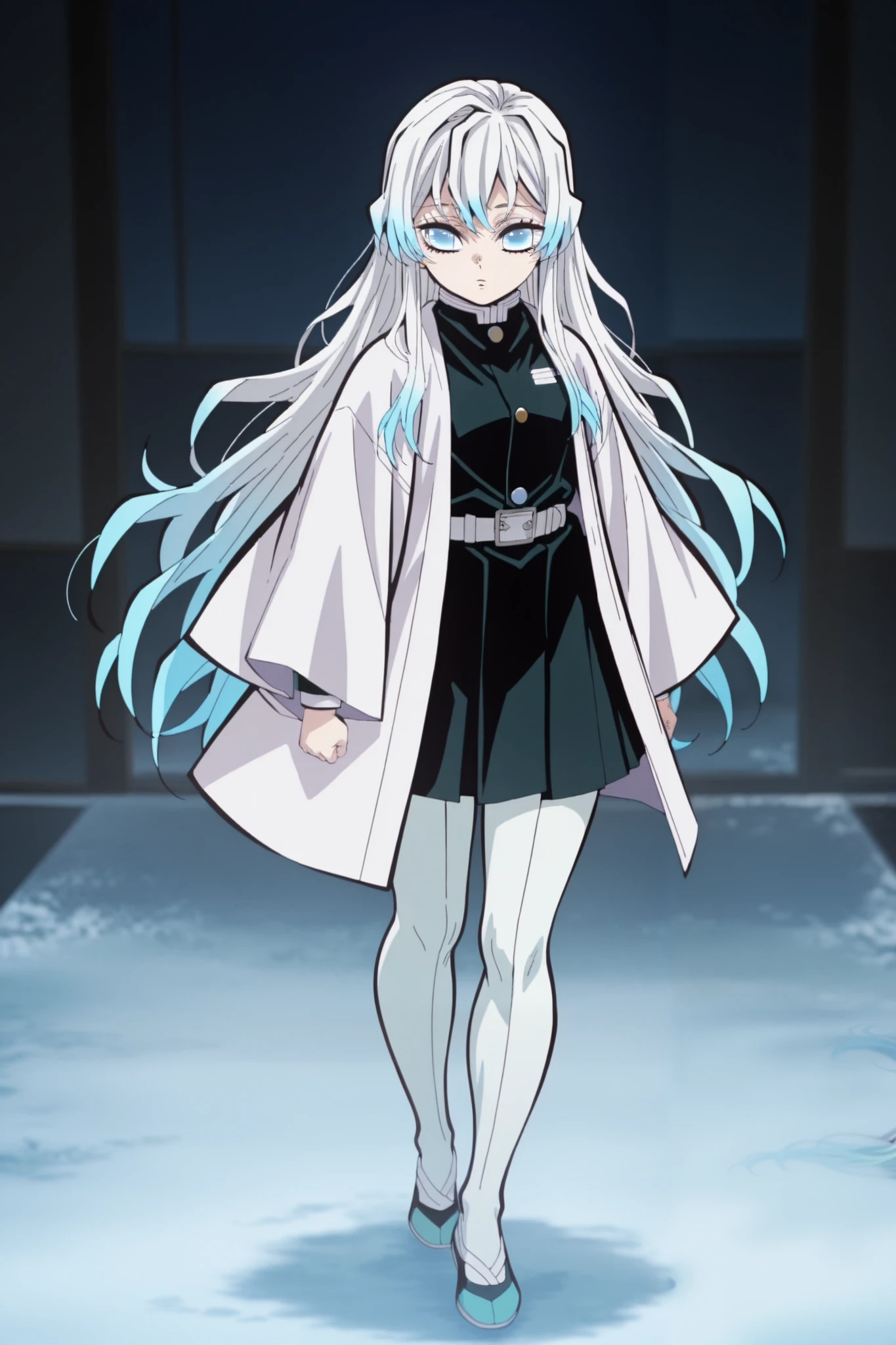 1girl, solo, bright blue , very long hair, blue eyes, white haori, demon slayer uniform, white stockings, arrogant look, cold look, full body 