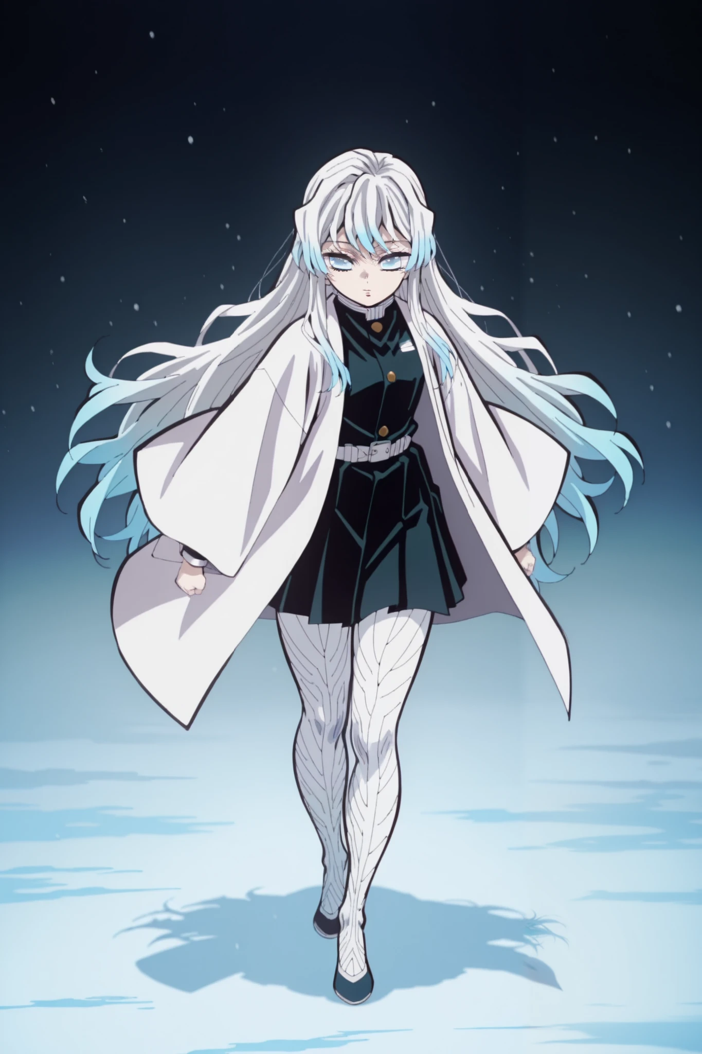 1girl, solo, bright blue , very long hair, blue eyes, white haori, demon slayer uniform, white stockings, arrogant look, cold look, full body 