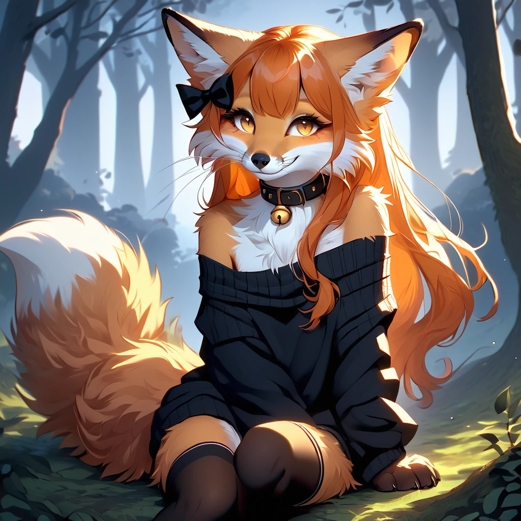 full body、Solo、unpralleled masterpiece、Detailed、 Beautiful、 score_9、 score_8_up、 score_7_up、moody atmosphere、mysterious、fox、anthro、furry、female、orange fur、(long hair、beautiful hair、orange hair、side swept hair、bangs)、yellow eyes、(fur tuft on chest、tuft of fur)、(digitigrade、claws、fox paws、exposed feet)、(foxy whiskers)、(heavily shaded orange body、dark black shading on body)、(sassy pose、sassy hips、sassy、flirtatious)、fluffy tail、(smile)、wearing (Black simple stylish long socks、non-transparent thigh highs、Black crop off shoulder sweater、Colored hair bow、Collar with gold bell)、in a forest、tree roots、an anthropomorphic fox holding a feral fox animal in arms、an anthropomorphic fox hugging a feral fox animal