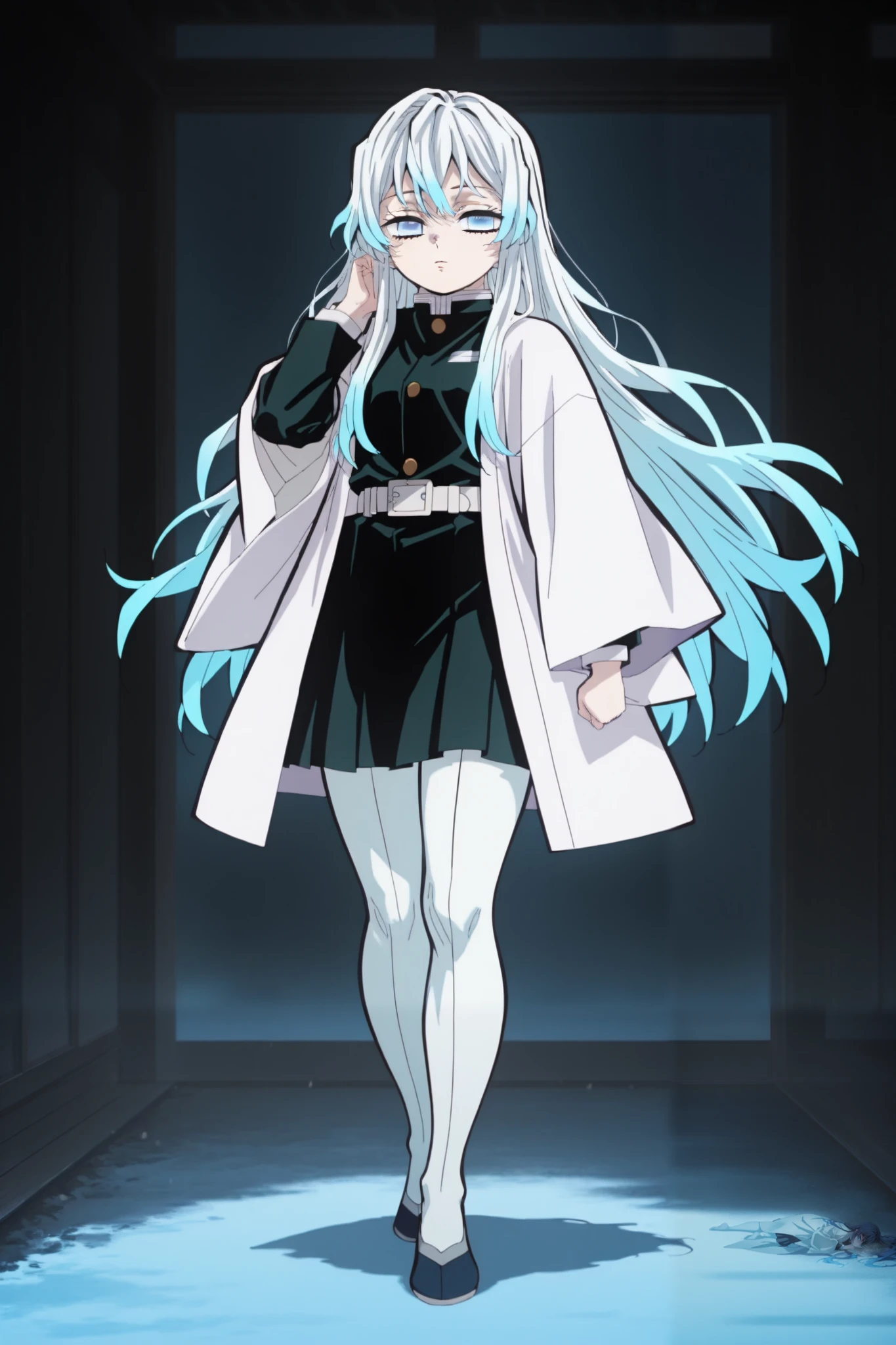 1girl, solo, bright blue , very long hair, blue eyes, white haori, demon slayer uniform, white stockings, arrogant look, cold look, full body 