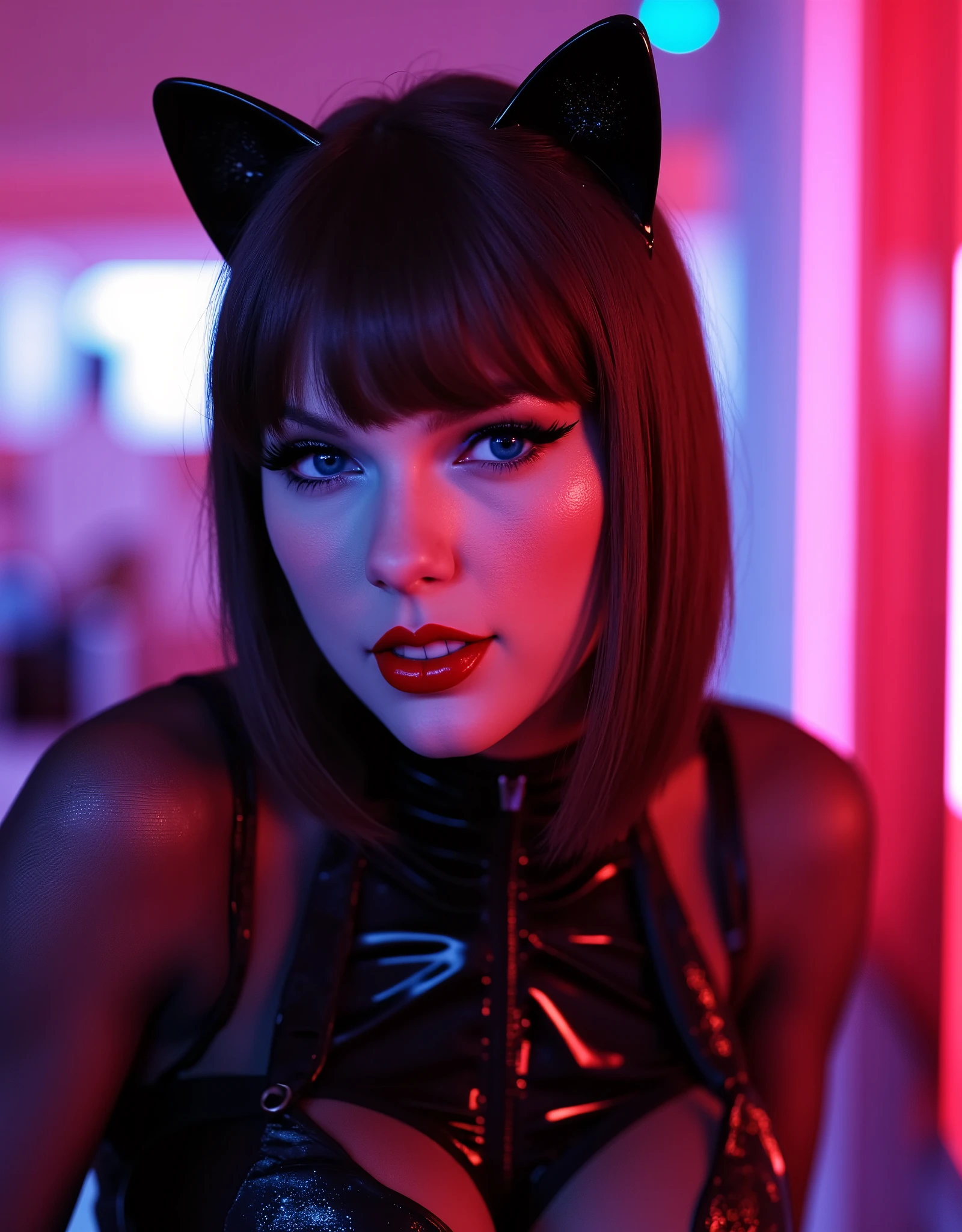 sexy latex catgirl, red lip gloss, beautiful detailed eyes, beautiful detailed lips, extremely detailed face, longeyelashes, latex cat ears, perfect proportions, leaning pose, neon lighting, ray-traced, 8k, ultra-detailed, photorealistic, professional, vivid colors, cinematic lighting, thick black eyeliner flicks