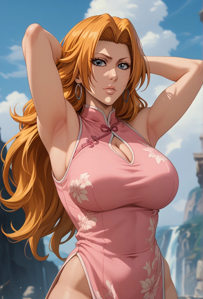 1girl, masterpiece, high quality, 8K, ultra details, chinese dress, large chest:1.5, perfect body, nice body, curvy, light skin, Rangiku Matsumoto, BLEACH, dynamic view, arms behind her head