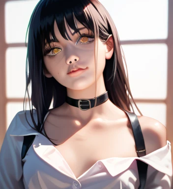 (( masterpiece,  top quality)), (1girl), ( solo ), (female focus), night (chainsaw man),( Very Fine Face, real image,  Realistic White Skin Tone , Realistic body ,  Fine Details ), Upper body,  focus on face , Black hair tied up, long hair,  bold eyes ,  Black Strap Skirt , shirt, neck strap, Small Chest 0 .1,  big boobs 1 .1,激Two