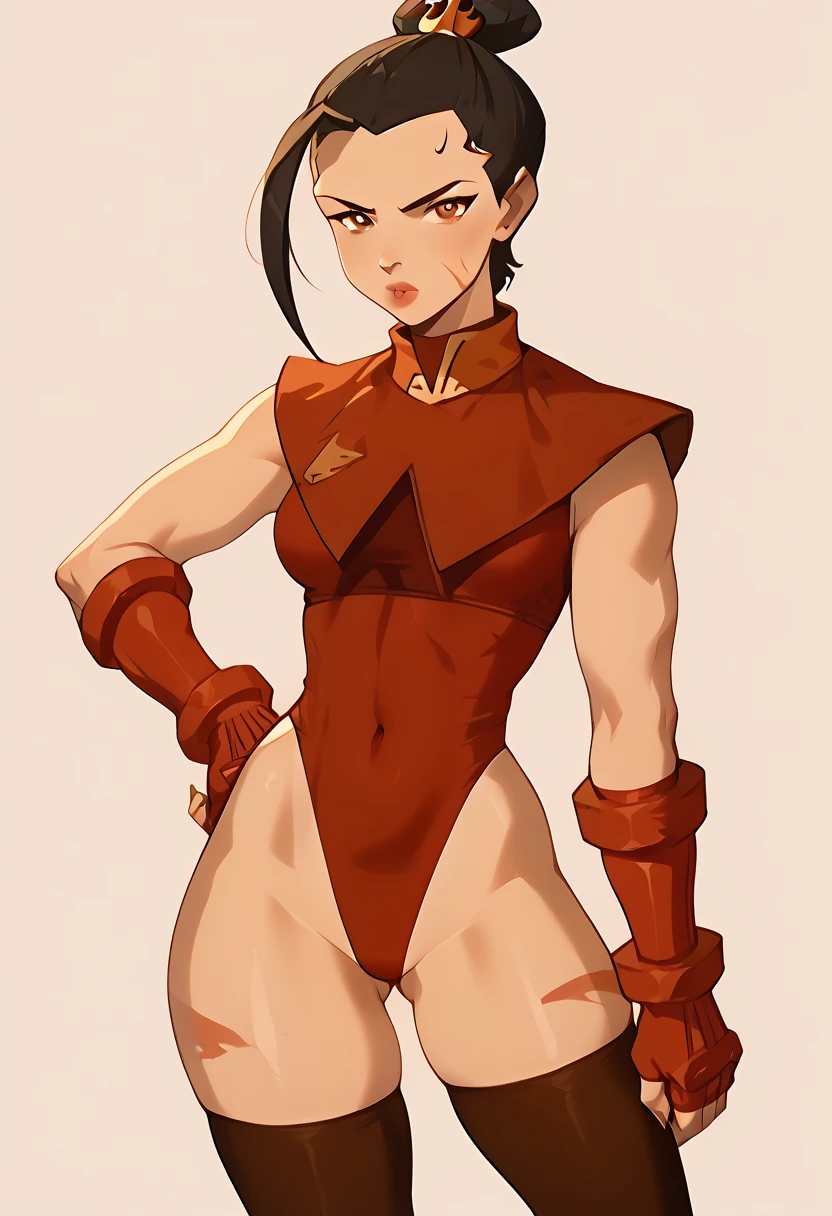 Azula from Avatar The Last Airbender wearing a sexy version of Cammy's iconic outfit from Street Fighter, a tight green leotard that accentuates her curvy figure with large breasts, a slim waist, and thick thighs, red gloves and a matching red beret, long thigh-high socks, her hair styled in two long blonde braids like Cammy's but with subtle streaks of Azula's signature dark brown hair, her expression is confident and intense with her characteristic sharp gaze, small blue flames subtly glowing around her hands to reflect her Firebending abilities, the setting is minimalist to emphasize her outfit, there are no elements or colors unrelated to this theme except for her distinct Azula traits