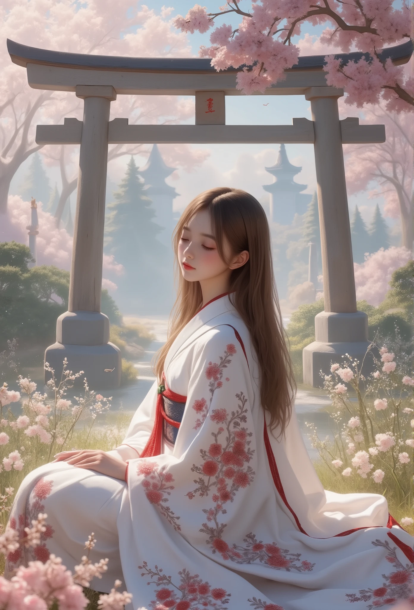 Impressionism style,Pointillism,soft dotted textures,muted pastel tones,1girl,ARW,dreamy shrine maiden,long flowing hair,subtle highlights,traditional kimono with hand-painted floral designs,peaceful sitting pose,serene garden setting,delicate cherry blossoms gently falling,wooden torii gate,tranquil and timeless atmosphere