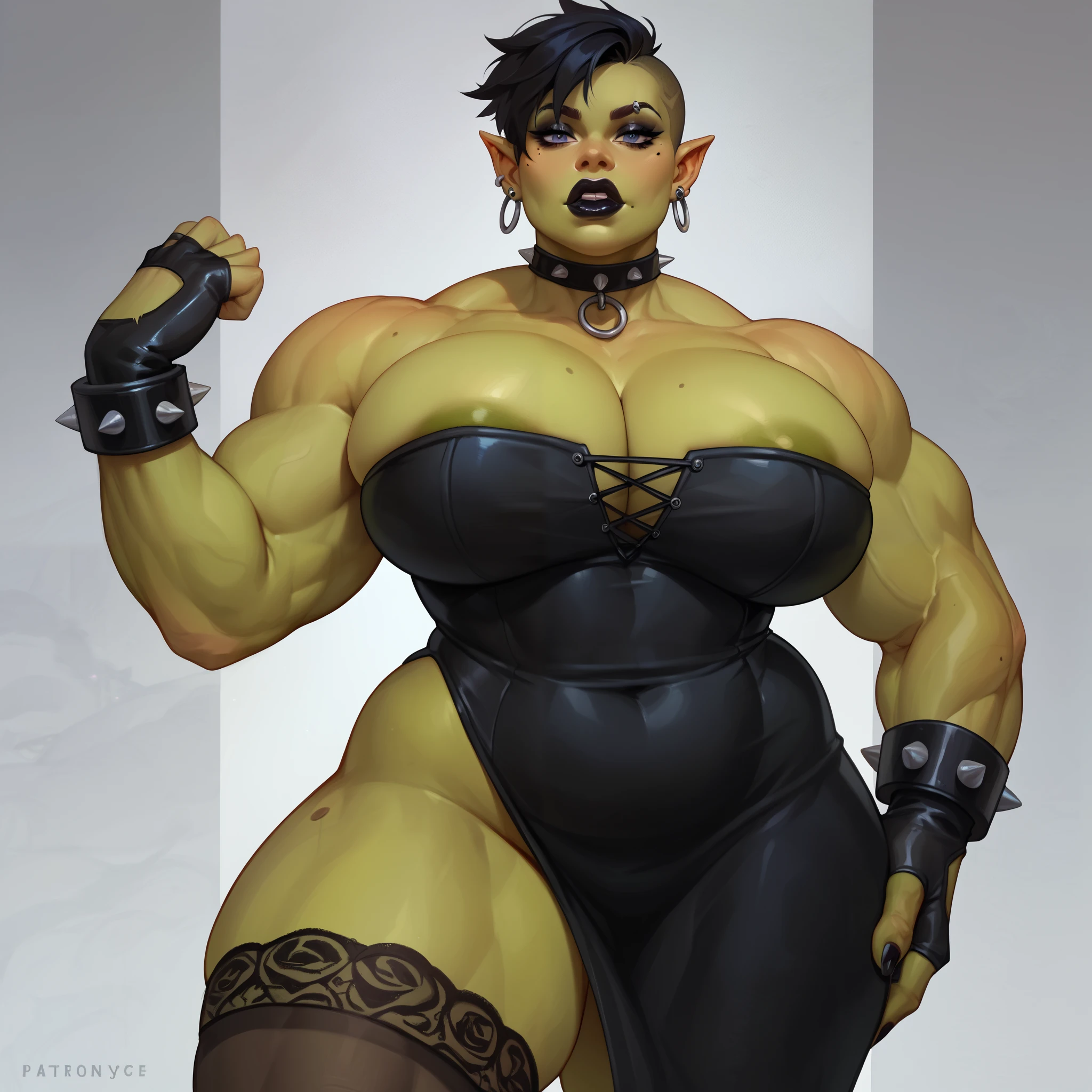 female, solo, orc, green skin, goth, black hair, short hair, black lipstick, big lips, dark eyeshadow, beauty mark on cheek, tomboy, muscular, chubby, heavy, chunky, large breasts, (nipple outline:0.45), broad shoulders, goth clothing, long black dress, thigh slit, wide hips, (muscular thighs), tight clothes, spiked bracelets, standing, stockings, 