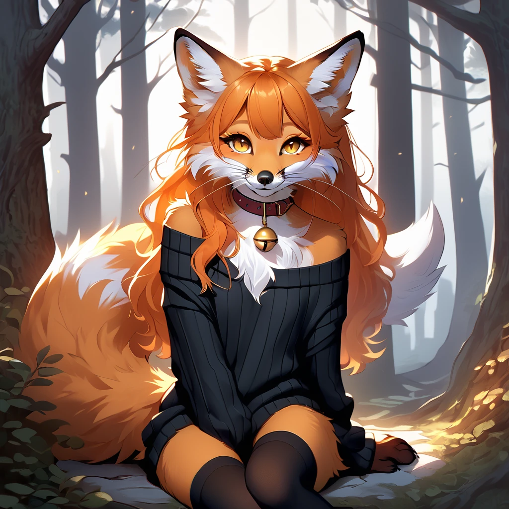 full body、Solo、unpralleled masterpiece、Detailed、 Beautiful、 score_9、 score_8_up、 score_7_up、moody atmosphere、mysterious、fox、anthro、furry、female、orange fur、(long hair、beautiful hair、orange hair、side swept hair、bangs)、yellow eyes、(fur tuft on chest、tuft of fur)、(digitigrade、claws、fox paws、exposed feet)、(foxy whiskers)、(heavily shaded orange body、dark black shading on body)、(sassy pose、sassy hips、sassy、flirtatious)、fluffy tail、(smile)、wearing (Black simple stylish long socks、non-transparent thigh highs、Black crop off shoulder sweater、Colored hair bow、Collar with gold bell)、in a forest、tree roots、leafless tree branch extending like an pointing finger、an anthropomorphic fox holding a feral fox animal in arms、an anthropomorphic fox hugging a feral fox animal