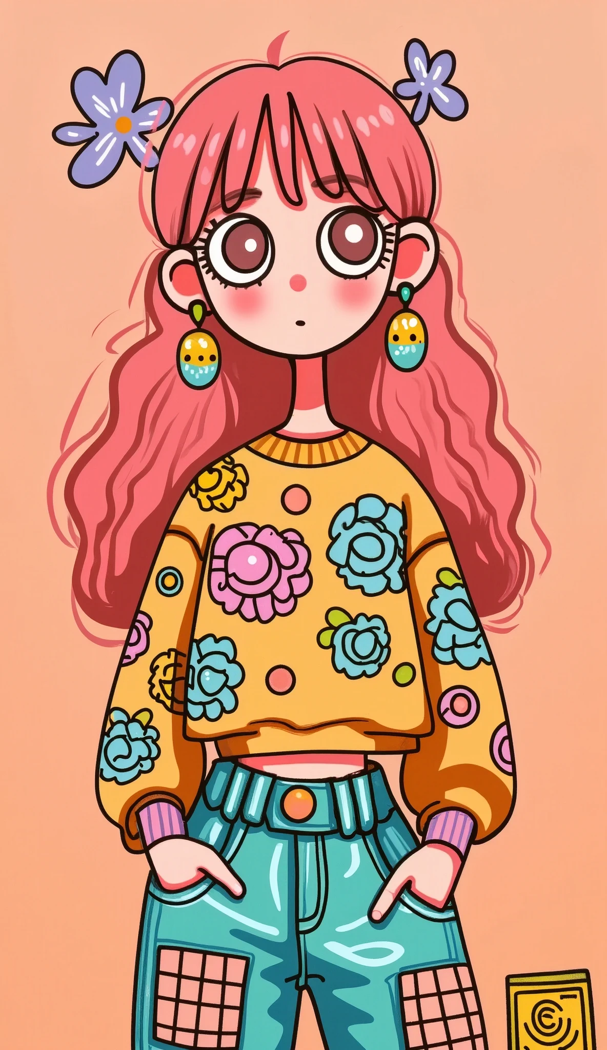 full body shot ,  she is crouching with her hands picking flower petals from the ground , As a shower of rose petals  ,  a cartoon girl with a beautiful smile a loose yellow sweatshirt,  white wool hat,  round cyan earrings and plaid pants with daisy bows ,  brown hair moving with the wind  ,  white sneakers  , fading white wallpaper with magenta  ,  vector art by Yamagata Hiro  , Trend in CG  , esteticismo, in blue and yellow clothes , anime  Full body illustration  ,  Full body illustration  , some  yellow and blue,  illustration style  ,  yellow and blue, yellow clothes , Phone background, y2k style, y2k style,  beautiful artistic style 