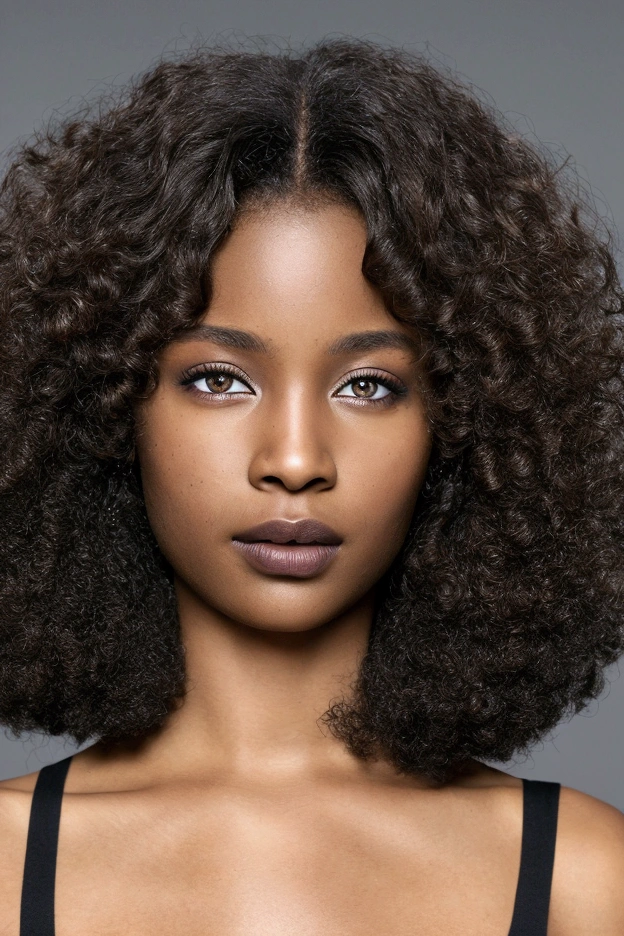 I created a black woman with curly hair and round eyes.