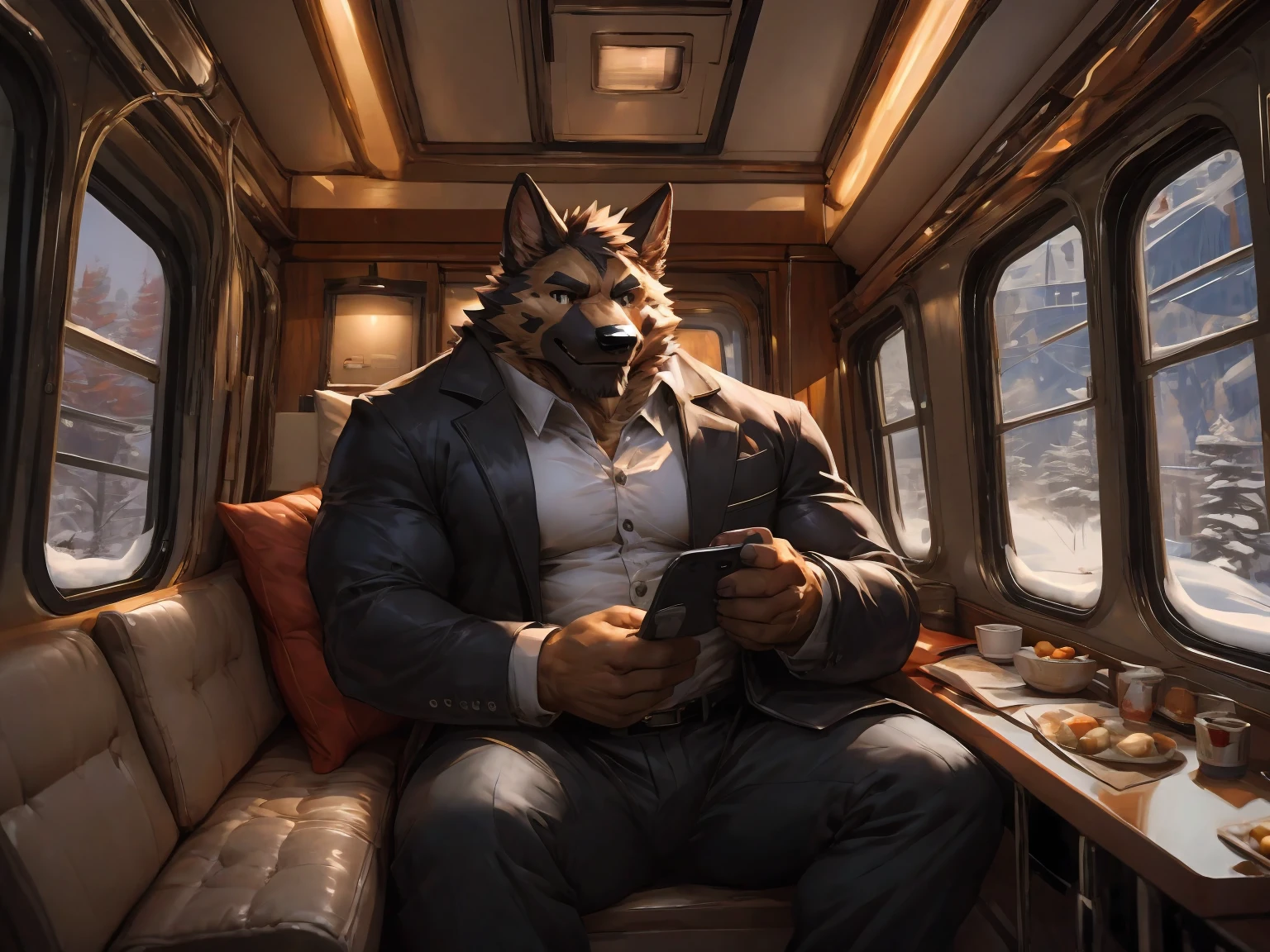 German Shepherd, (black long coat), solo, paw pads details, calm expression, Proud look, Smug expression, masterpiece, (16K), HD, Various facial details, detailed background, very detailed, dynamic poses, Eyes details, high resolution, high quality, correct anatomy, in a train, snow, evening, cartoon, by lindong, by null-ghost, (indoor), Sitting on a train seat, Using a Mobile Phone
