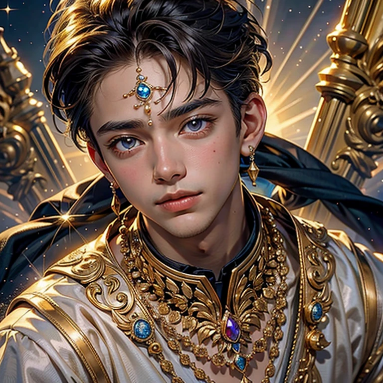  masterpiece fails,  high quality , Close-up of a boy in front of sparkling jewels in artistic gold vessels, adorned with precious stones , diamonds , pearl , sun rays sparkle , reflecting off all this splendor , like laser beams , just fantastic !  very detailed ,  Colorful , The most detailed