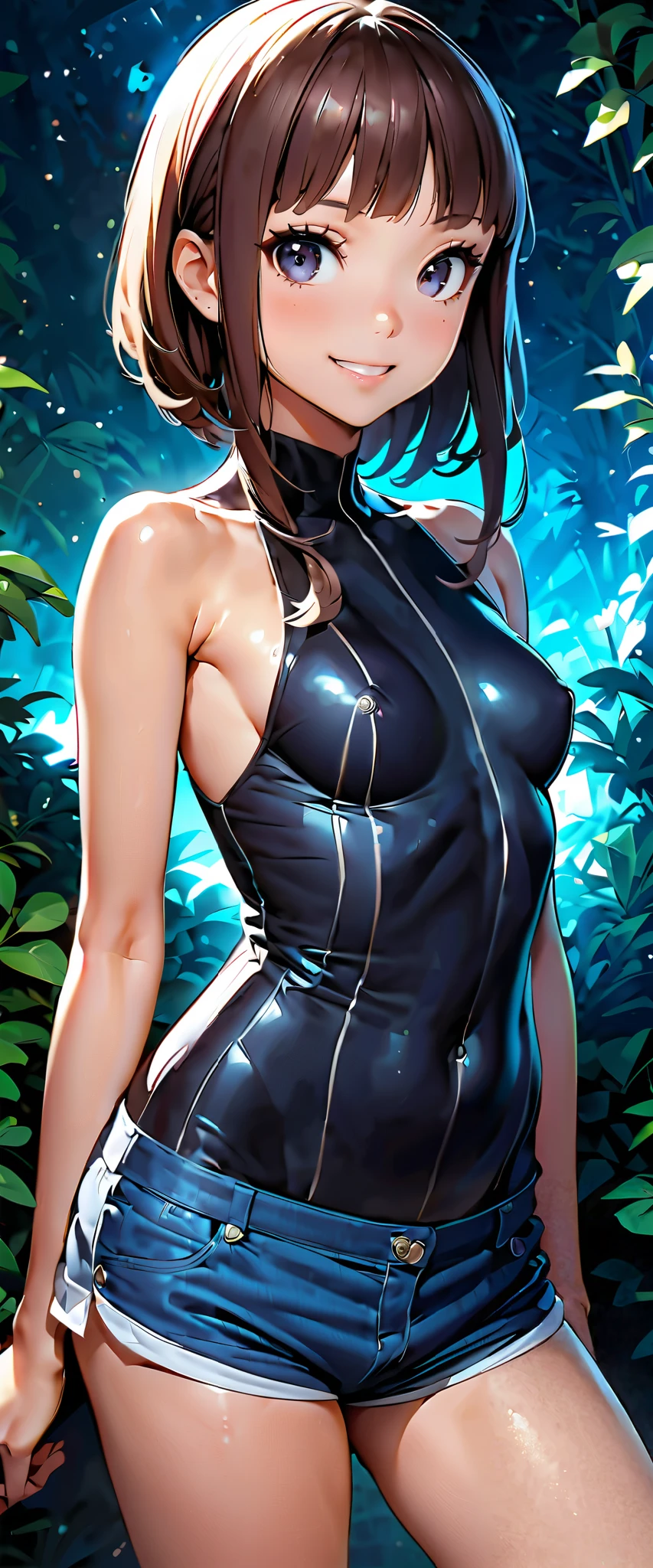 (((masterpiece)))、(( top quality))、( super detailed)、(CG illustration)、( very beautiful girl))、 cinematic light 、((1 Girl))、 、(Beautiful and luxurious:1.2)、( one girl :1.3),garden,Junior high school students,White sleeveless V-line bodysuit,jean micro shorts,,smile,, skinny,Fits perfectly against the skin, small tits, short hair,