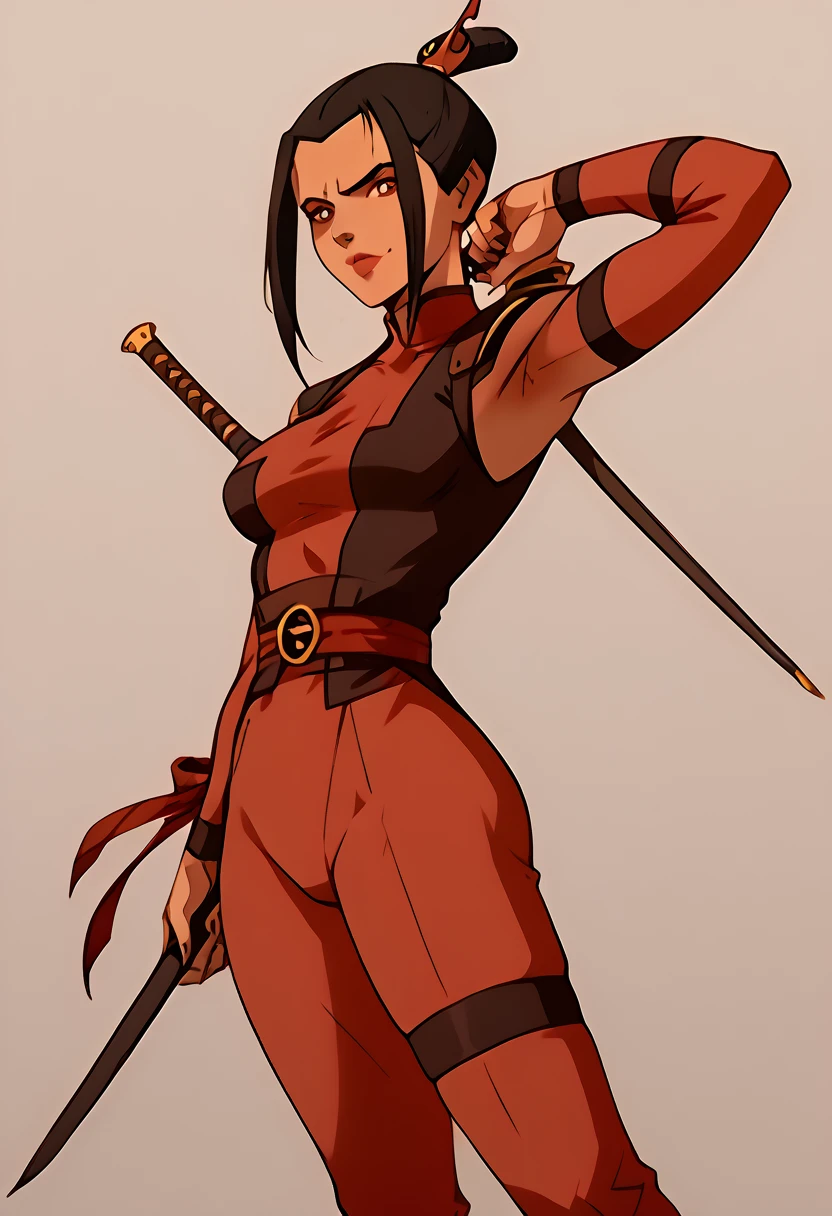 Azula from Avatar The Last Airbender wearing a sexy version of Deadpool's iconic outfit, a tight red and black bodysuit with strategic cutouts that accentuate her curvy figure with large breasts, a slim waist, and thick thighs, the suit features Deadpool's signature black patterns on red fabric, paired with thigh-high boots and fingerless gloves, her face is uncovered, showcasing her sharp features and confident smirk, her hair is styled elegantly with her signature dark brown color, she carries dual katanas on her back, the setting is minimalist to emphasize her outfit, there are no elements or colors related to the Fire Nation but she maintains her intense gaze and fiery presence"