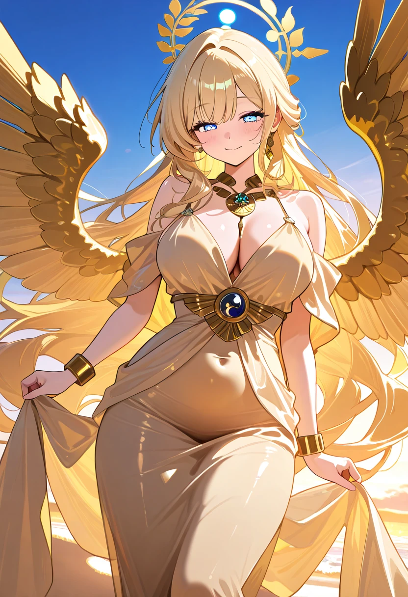 score_9,score_8_up,score_7_up,1girl, large golden wings, bare_shoulders, gold jewelry,bangles, long dress, bracelet,skirt, gold navel,midriffe, large breasts shiny blonde hair, very long hair, loose flowing gold silk chiffon gown, dawn, blue sky, highly detailed, long lashes, shimmering, cute smile, closed mouth, cute face, serene, heavenly, detailed face, (glowing blue eyes:1.2), perfect eyes, mature female, (detailed halo:1.2), perfect anatomy, masterpiece,best quality, amazing quality,very aesthetic,absurdres,newest, (negative_v2 Color_Balance_Calibration:0.8), (SuperQuality:1.0) ~ (SuperQuality:1.2)