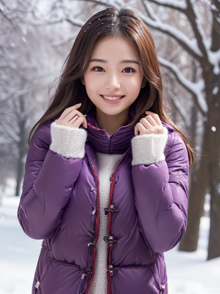 (Winter date ), ((Cute style outfit for a very cold day:1.2)), (( down jacket :1.4)), View the viewers, Japanese female university student, ( one woman:1.2),  she's so beautiful ,  pubic skin,  perfect face,  cute and symmetrical face with water up to the chest,  light brown hair ,  medium hair,  wave hair,  hair gathered together in purple fabric, makeup, Beautiful Hair,  beautiful face,  Beautiful Attention to Details,  Beautiful Fingers , (In a snowy park),  stretch, (Cute Smile), ( realistic ,  Real As Pictured:1.4),  very detailed,  shallow depth of field ,  perfect anatomy, Perfect limbs, Perfect hands,  perfect eyes,  Perfect Body , smile,  double eyelids , ( Natural Lighting ,  movie lights),