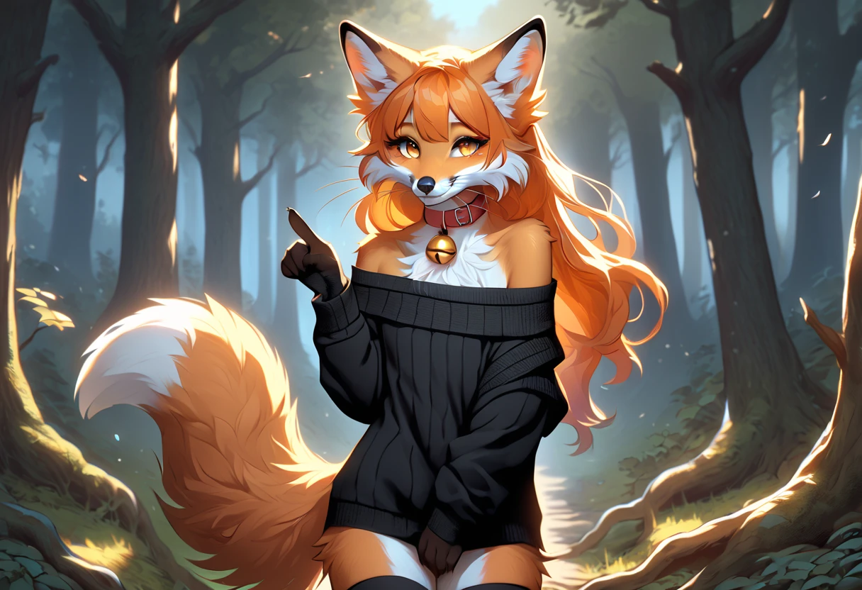 full body、Solo、unpralleled masterpiece、Detailed、 Beautiful、 score_9、 score_8_up、 score_7_up、moody atmosphere、mysterious、fox、anthro、furry、female、orange fur、(long hair、beautiful hair、orange hair、side swept hair、bangs)、yellow eyes、(fur tuft on chest、tuft of fur)、(digitigrade、claws、fox paws、exposed feet)、(foxy whiskers)、(heavily shaded orange body、dark black shading on body)、(sassy pose、sassy hips、sassy、flirtatious)、fluffy tail、(smile)、wearing (Black simple stylish long socks、non-transparent thigh highs、Black crop off shoulder sweater、Colored hair bow、Collar with gold bell)、in a forest、tree roots、leafless tree branch extending like an pointing finger、an anthropomorphic fox holding a feral fox animal in arms、an anthropomorphic fox hugging a feral fox animal