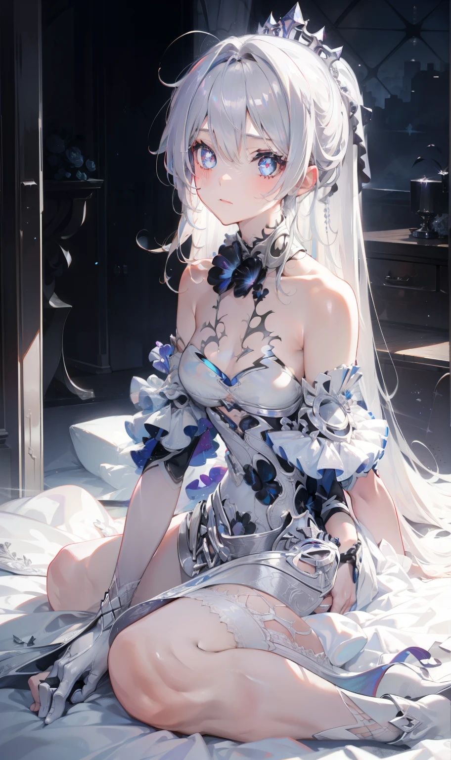 (photorealistic: 1.4), (masterpiece, side lighting, beautiful finely detailed blue eyes: 1.2), masterpiece*portrait, realistic, 3D face, eula \(attak on titan\), 1 girl, Historia Reiss, architecture, By bangs, Bare shoulders, (black stockings, light blonde hair, thin), blush, beautiful breasts, Chinese knot, sleeve, beautiful legs, medium light yellow hair, looks at the audience, medium chest, revealing, she is sitting on a bed
