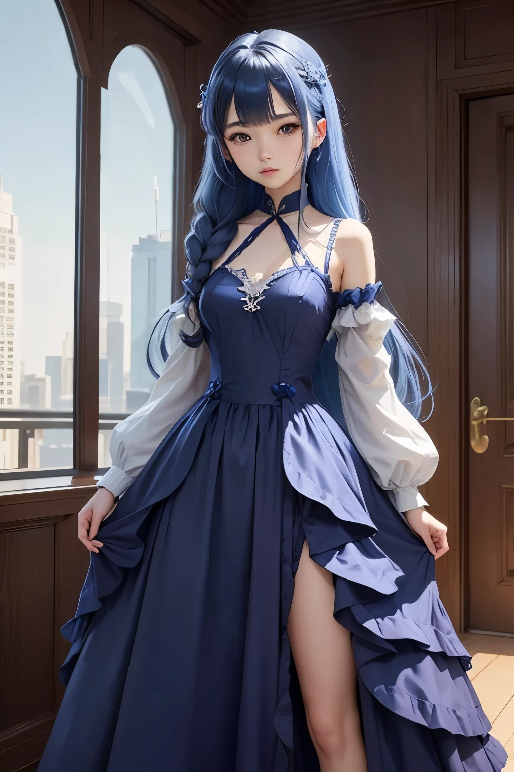 (((horizon blue world:1.3)))、Best Quality, masutepiece, High resolution, (((1girl in))), sixteen years old,(((i am horizon blue:1.3)))、horizon blue dress、((horizon blue shirt:1.3、horizon blue color block dress)), Tindall Effect, Realistic, Shadow Studio,Ultramarine Lighting, dual-tone lighting, (High Detail Skins: 1.2)、Pale colored lighting、Dark lighting、 Digital SLR, Photo, High resolution, 4K, 8K, Background blur,Fade out beautifully、horizon blue world