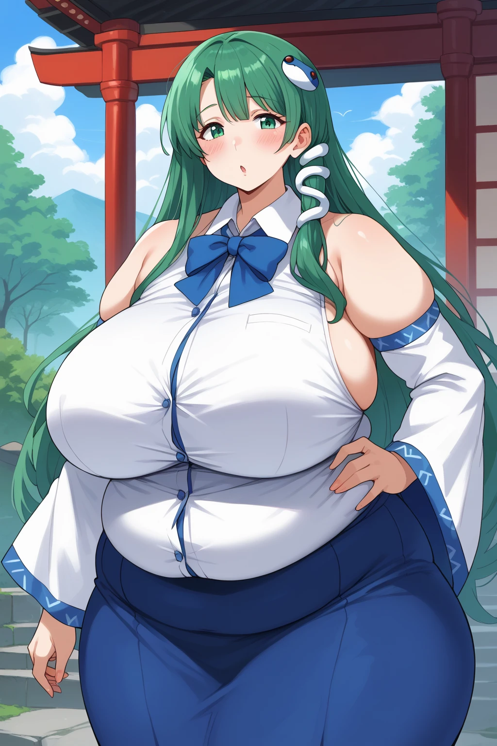 Sanae Kochiya, sanae kochiya,  long hair,  green hair,  green eyes,  Hair Tube, Snake hair ornament, collared shirt,  white shirt,  Detached Sleeves,  wide sleeve over mouth,  blue skirt,  ruffle skirt,  score_9,   score_8_up,   score_7_up,   score_6_up,   score_5_up,   score_4_up,     masterpiece   ,   top quality,   very aesthetic,   absurd,  Anime Women,   one woman , Alone,  personal  ,  Super huge breasts, ((( super huge clevis, Super huge , Super huge boob))), Curvy,  chubby,  obese body type, blush, Shy woman,  stomach flesh sticking out of clothes,　 sloppy stomach , Shrine grounds,  I'm worried about the fat around my stomach,  fat mature, fat milf, Woman in her 40s