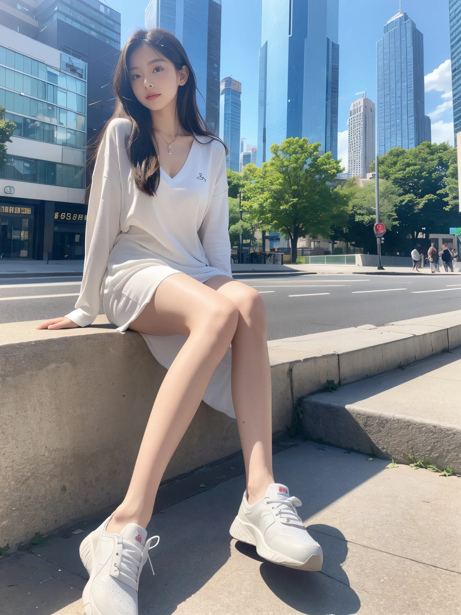 A young woman with long, flowing hair sitting gracefully on a step in an urban environment. She is wearing a white lightweight long-sleeve dress with a V-neck design, paired with sporty white sneakers. Her right hand touches her hair gently, her body leaning slightly forward, with her left leg relaxed downward and her right leg slightly raised. The background features modern glass skyscrapers reflecting sunlight, under a clear blue sky with a few white clouds. The scene is illuminated by natural sunlight, creating a warm and vibrant atmosphere.