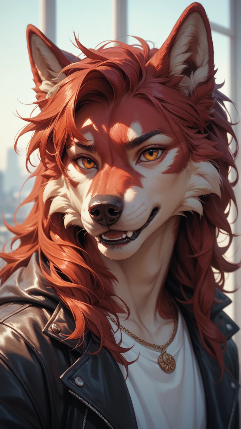 (Anthropomorphic:1.3), (lobetic features:1.3), (animalistic features:0.6), high res, (detailed realistic image:1.4), (detailed eyes, beautiful expressive eyes, red eyes:1.2), impaste impressionism, insane details, wolf, soft, (hyper-realistic skin:1.3), (detailed skin:1.2), pupils, (body covered with hair:1.2), (male:1), (canine features:0.5), (expressive face, detailed face, Guará wolf:1.3), (realistic:1.3), (photorealistic, photo-realistic:1.2), colorful, (3d:1), (highly detailed:1.2), masterpiece, 8k uhd, (seductive, bedroom eyes, seductive smile:1.2), (bedroom background), cinematic lighting, (looking at the viewer), (collar:1), (first-person view), (red hair, shaggy hair:1.3), (tanned colored skin:1.3),, (canine teeth:0.8), (full-body portrait:1.3), (athletic:1), (slightly chubby:0.8), male, (naked)