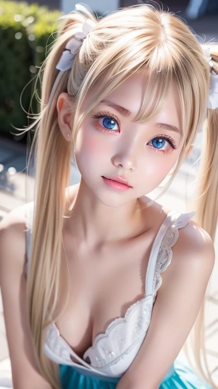 (masterpiece、best quality、extremely detailed 8k、ultra hd、ultra-detailed、highly detailed、highly realistic、photo realistic)、(beautiful realistic face、detailed realistic face)、Extraordinary sexy beauty、1girl、Blonde、long bangs between the eyes,、Super long bright blonde straight hair、twintails、hair_ornament red、hair_scrunchie red、beautiful countenance、Very cute beautiful sexy young little woman、Very perfect beautiful cute face、Glowing big bright light blue eyes、19yo student、blonde、Young Western Woman、Beautiful white shiny skin、
