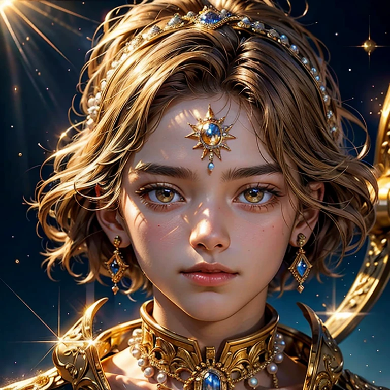  masterpiece fails,  high quality , Close-up of a boy in front of sparkling jewels in artistic gold vessels, adorned with precious stones , diamonds , pearl , sun rays sparkle , reflecting off all this splendor , like laser beams , just fantastic !  very detailed ,  Colorful , The most detailed