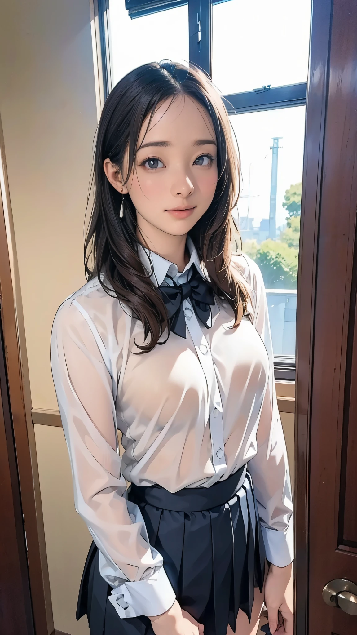 (masterpiece:1.2, top quality), ( realistic , photo realistic :1.4), beautiful illustration , ( natural side lighting , movie lighting), written boundary surrounding multiple girls, 1 female, curly hair , long hair on background, bun hair, Forehead, Forehead, Forehead, ear, ear, ear, White collared shirt , Long Sleeve , The shirt is see-through, The shirt is see-through, The shirt is see-through, small boobs, small boobs, small boobs, Thin arms, Thin arms, Thin arms, black mini pleated skirt, black bow tie, earrings, standing, Thin arms, ((background: school classroom), (( Closeup )), (( Closeup )), (( Closeup ))