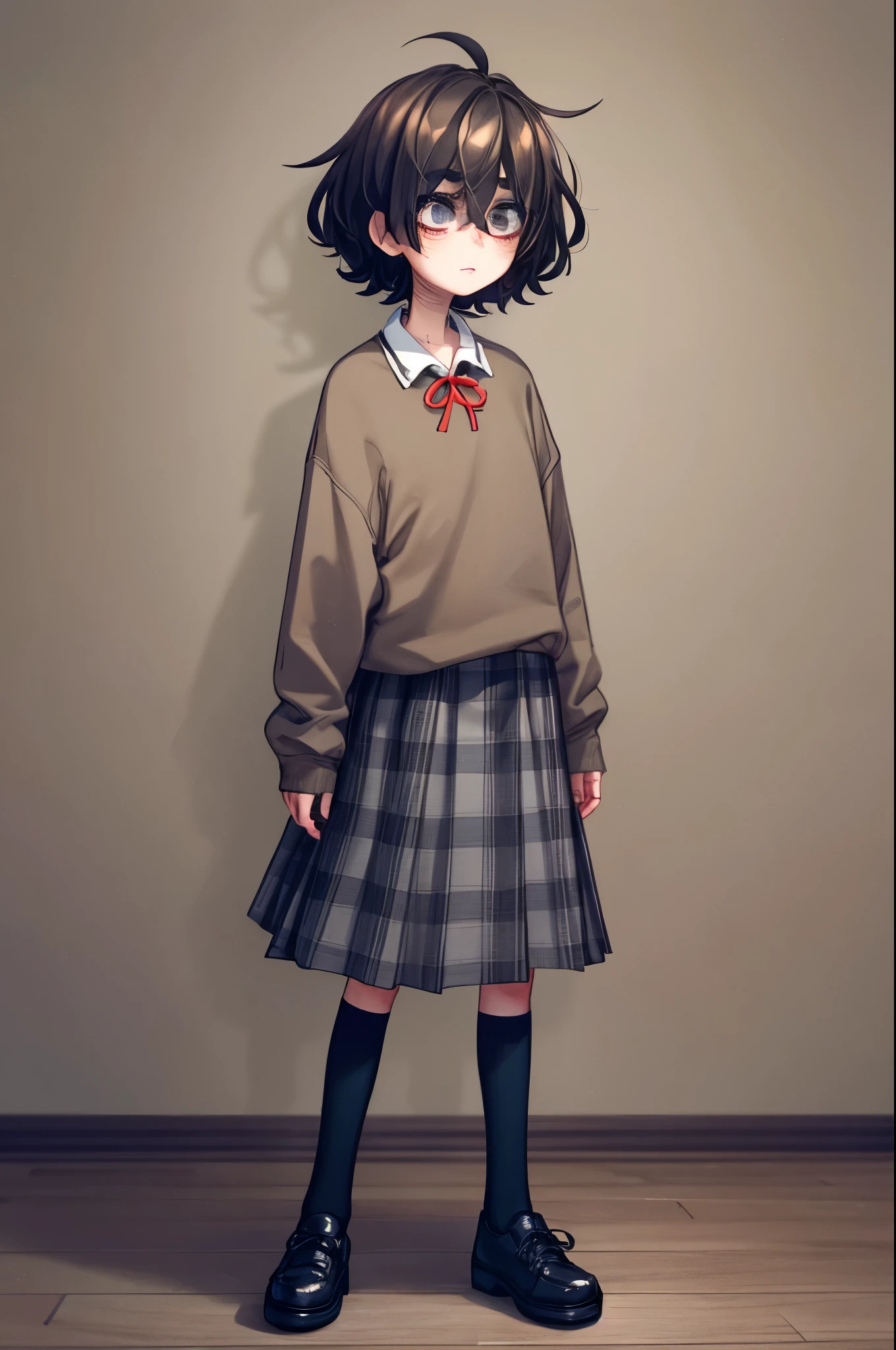 Popoka Blind Girl , girl, young, brown hair, short hair, gray eyes, empty look, brown sweatshirt, red ribbon on the collar, blue checkered skirt , knee-high, Little black shoes , portrait, Gray eyes