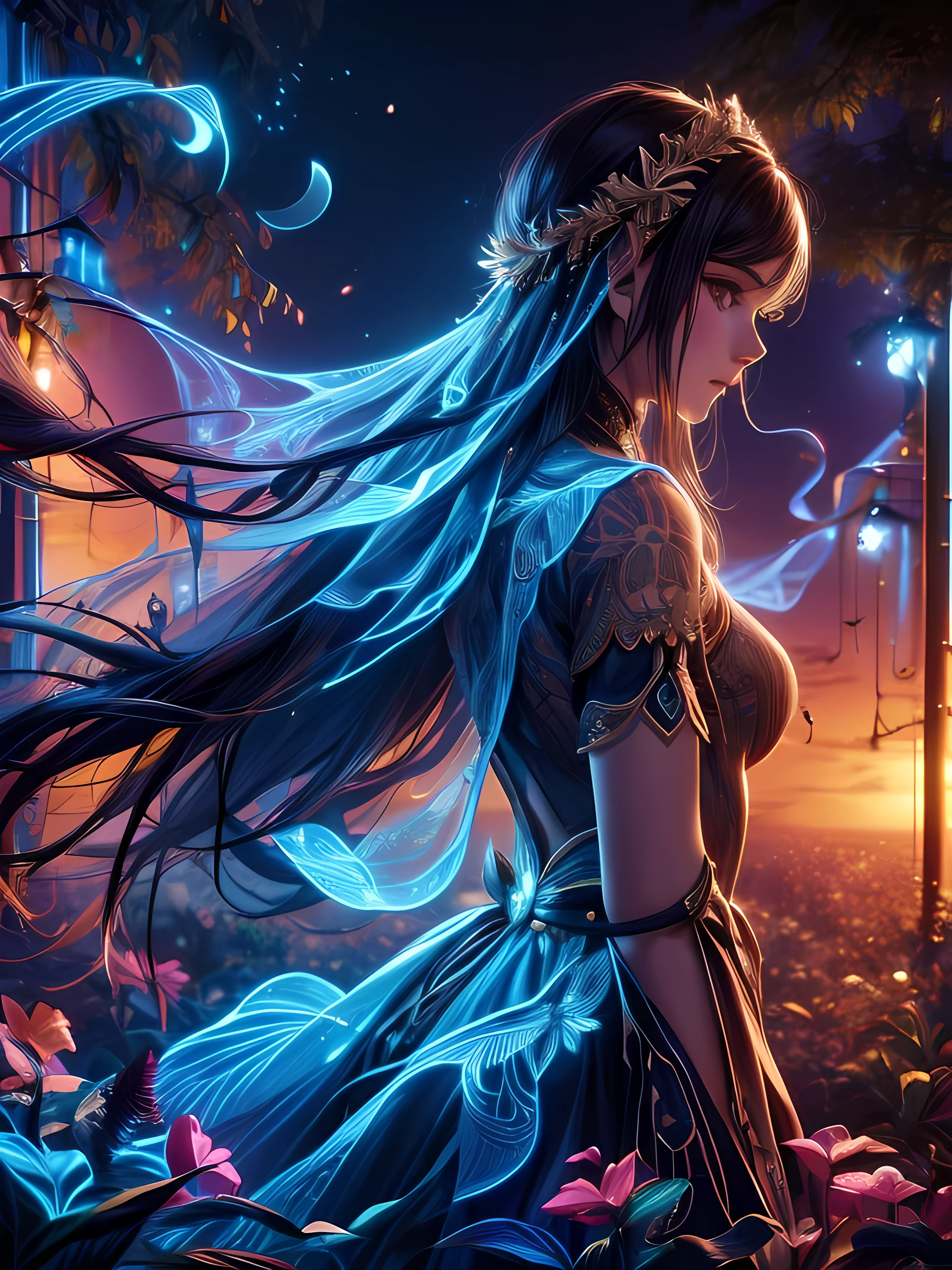 1girl, (best quality, 4k, 8k, highres, masterpiece:1.2), ultra-detailed, moonlit backdrop, mystical atmosphere, ethereal lighting, cool toned color palette, chiaroscuro lighting, side view, adult female, cinematic quality