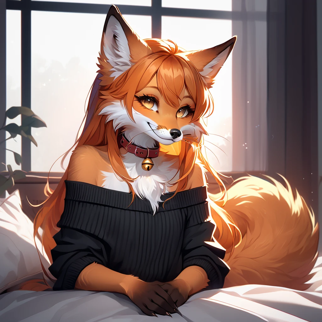 full body、Solo、unpralleled masterpiece、Detailed、 Beautiful、 score_9、 score_8_up、 score_7_up、moody atmosphere、mysterious、fox、anthro、furry、female、orange fur、(long hair、beautiful hair、orange hair、side swept hair、bangs)、yellow eyes、(fur tuft on chest、tuft of fur)、(digitigrade、claws、fox paws、exposed feet)、(foxy whiskers)、(heavily shaded orange body、dark black shading on body)、(sassy pose、sassy hips、sassy、flirtatious)、fluffy tail、(smile)、wearing (Black simple stylish long socks、non-transparent thigh highs、Black crop off shoulder sweater、Colored hair bow、Collar with gold bell)、indoors、in a bedroom、pillow