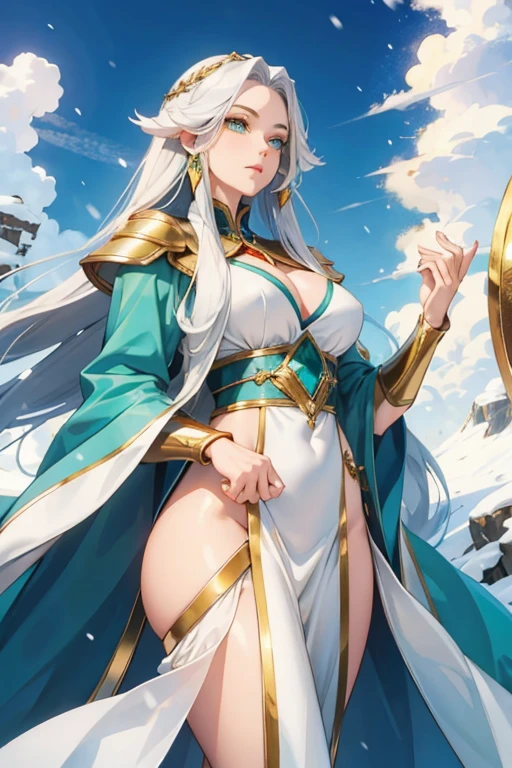 Beautiful female emperor, Crystal clear skin, Beautiful appearance, There is deep wisdom in her eyes, As if she saw through everything in the world, Dressed in a gorgeous white robe, holding a long sword, Robe fluttering in the breeze and silver hair fluttering in the wind