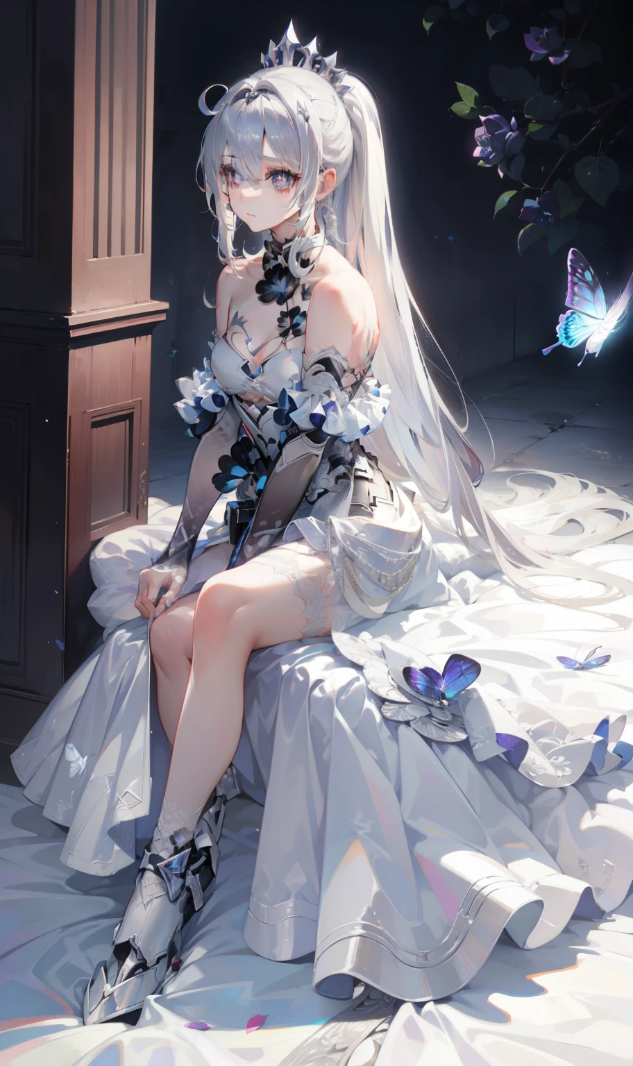 Silver Hair，crystal hair, butterfly，Long white hair，8k wallpaper，Detailed Background，Maximum resolution，Purple Rose，White dress, Off the shoulder, Frills, Knee-high socks，stockings