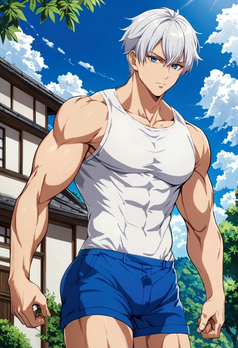  Man with a worked body, wearing clothes that highlight your physique, a blue shorts, a white shirt, high, white haired,  blue eyes , home fund, anime type 