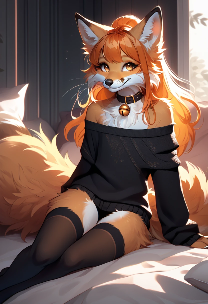 full body、Solo、unpralleled masterpiece、Detailed、 Beautiful、 score_9、 score_8_up、 score_7_up、moody atmosphere、mysterious、fox、anthro、furry、female、orange fur、(long hair、beautiful hair、orange hair、side swept hair、bangs)、yellow eyes、(fur tuft on chest、tuft of fur)、(digitigrade、claws、fox paws、exposed feet)、(foxy whiskers)、(heavily shaded orange body、dark black shading on body)、(sassy pose、sassy hips、sassy、flirtatious)、fluffy tail、(smile)、wearing (Black simple stylish long socks、non-transparent thigh highs、Black crop off shoulder sweater、Colored hair bow、Collar with gold bell)、indoors、in a bedroom、pillow