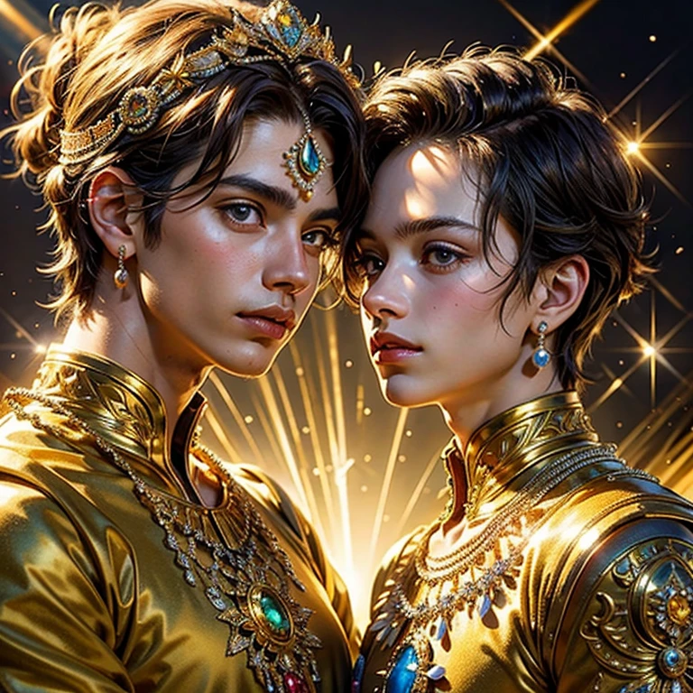  masterpiece fails,  high quality , Close-up of 2 boys against a background of sparkling jewels in artistic gold vessels, adorned with precious stones , diamonds , pearl , sun rays sparkle , reflecting off all this splendor , like laser beams , just fantastic !  very detailed ,  Colorful , The most detailed