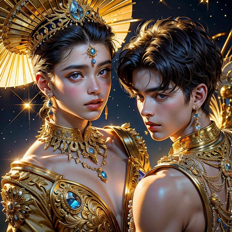  masterpiece fails,  high quality , Close-up of 2 boys against a background of sparkling jewels in artistic gold vessels, adorned with precious stones , diamonds , pearl , sun rays sparkle , reflecting off all this splendor , like laser beams , just fantastic !  very detailed ,  Colorful , The most detailed