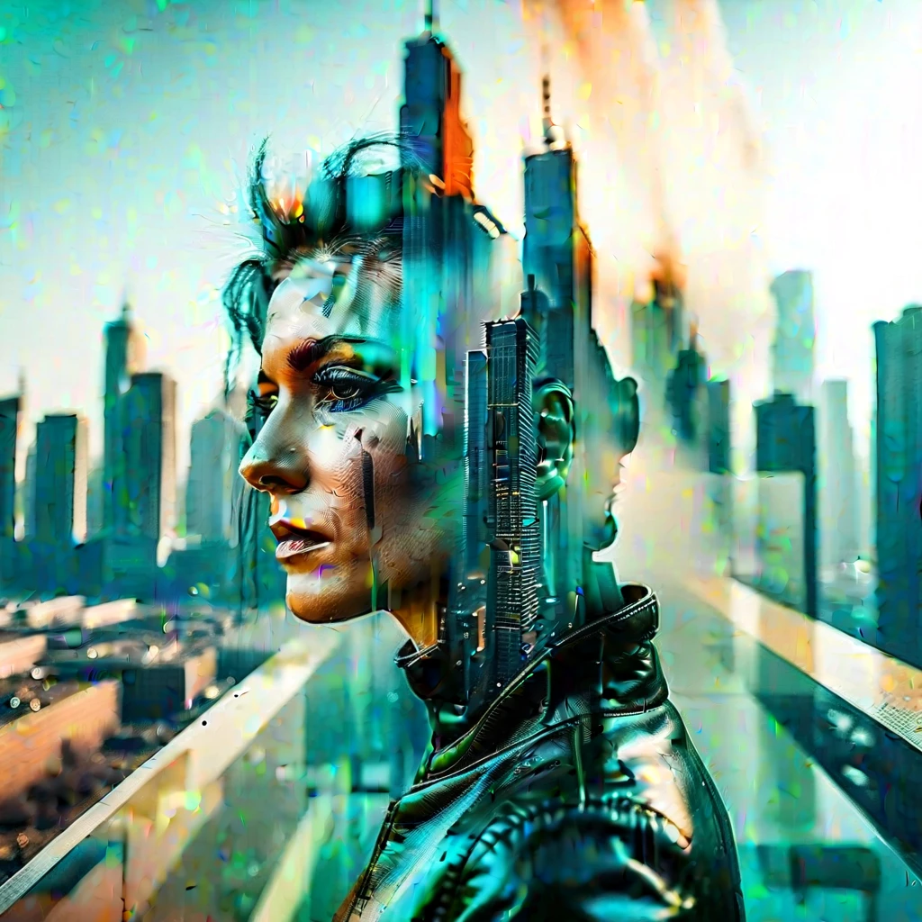 abstract colors, texture, film grain, skin pores:0.1 intricate dramatic portrait of a beautiful windblown scifi scientist standing on a balcony overlooking a futuristic (solarpunk)1.2 city, foggy morning, cinematic movie still frame, blade runner 2049, punk hair style, altered carbon, (analog style)1.3 (film grain)1.3, stephan martiniere Wadim Kashin Simon Stalenhag michal karcz ismail inceoglu. Joker. 