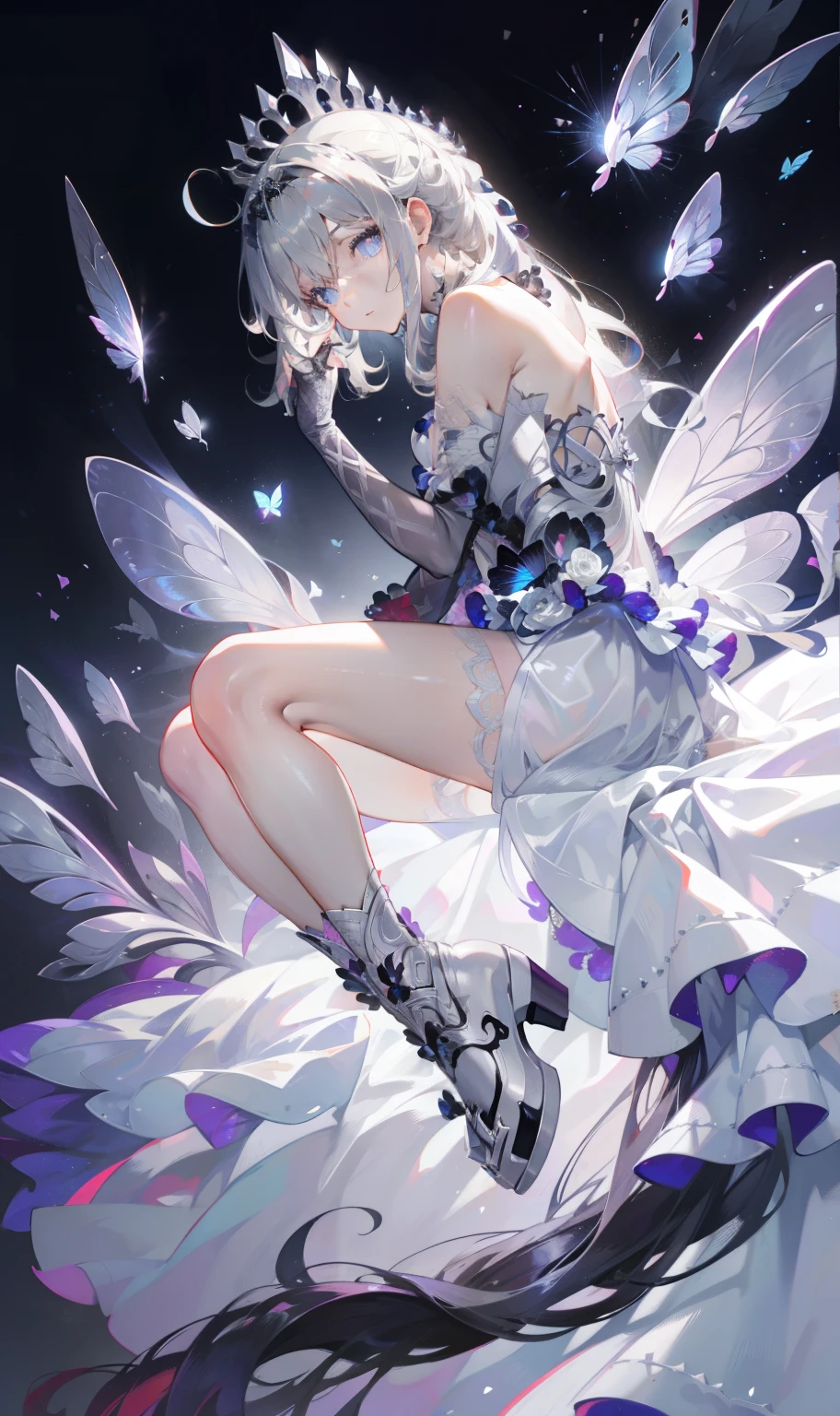 (Best Quality, Masterpiece: 1.1), (Realistic: 1.4), Beautiful naked schoolgirl is riding on the purple eagle, god ray, , silver short hair, blue eyes, full body, from below, hourglass body shape, flying over the park,crystallineAI,fractal art,splash