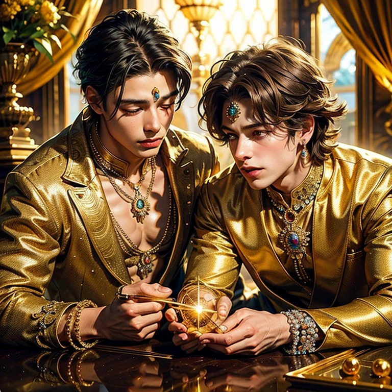  masterpiece fails,  high quality , Close-up of 2 boys against a background of sparkling jewels in artistic gold vessels, adorned with precious stones , diamonds , pearl , sun rays sparkle , reflecting off all this splendor , like laser beams , just fantastic !  very detailed ,  Colorful , The most detailed