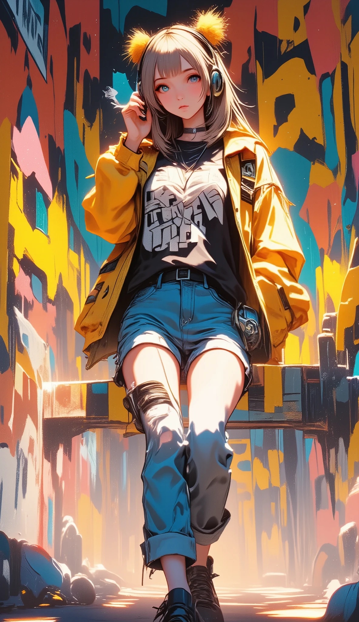   painting of a woman sitting on a wall smoking a cigarette   ,   wearing headphones this one with the feet resting on the headset with the legs crossed, sneakers ,   yellow coat jacket with geometric patterns   ,  falling over the shoulders  ,  rolled pants   ,   the lower part of the wall is stripped with cyan colors   ,   blue yellow and orange   ,   black sweatshirt with inscriptions   ,   Look slightly down   ,   with one hand on the cigarette   ,   straight hair with a stripe in the middle   ,  Shiny hair ,   cyberpunk art inspired by Yanjun Cheng   ,  trend in Artstation  , street art,   artwork in the style of Guweiz   , guweiz, guweiz&#39;s Masterpiece  , Guweiz on ArtStation Pixiv, Cyberpunk streetwear, trending on cgstation, Guweiz on Pixiv Artstation, Style Ross Tran