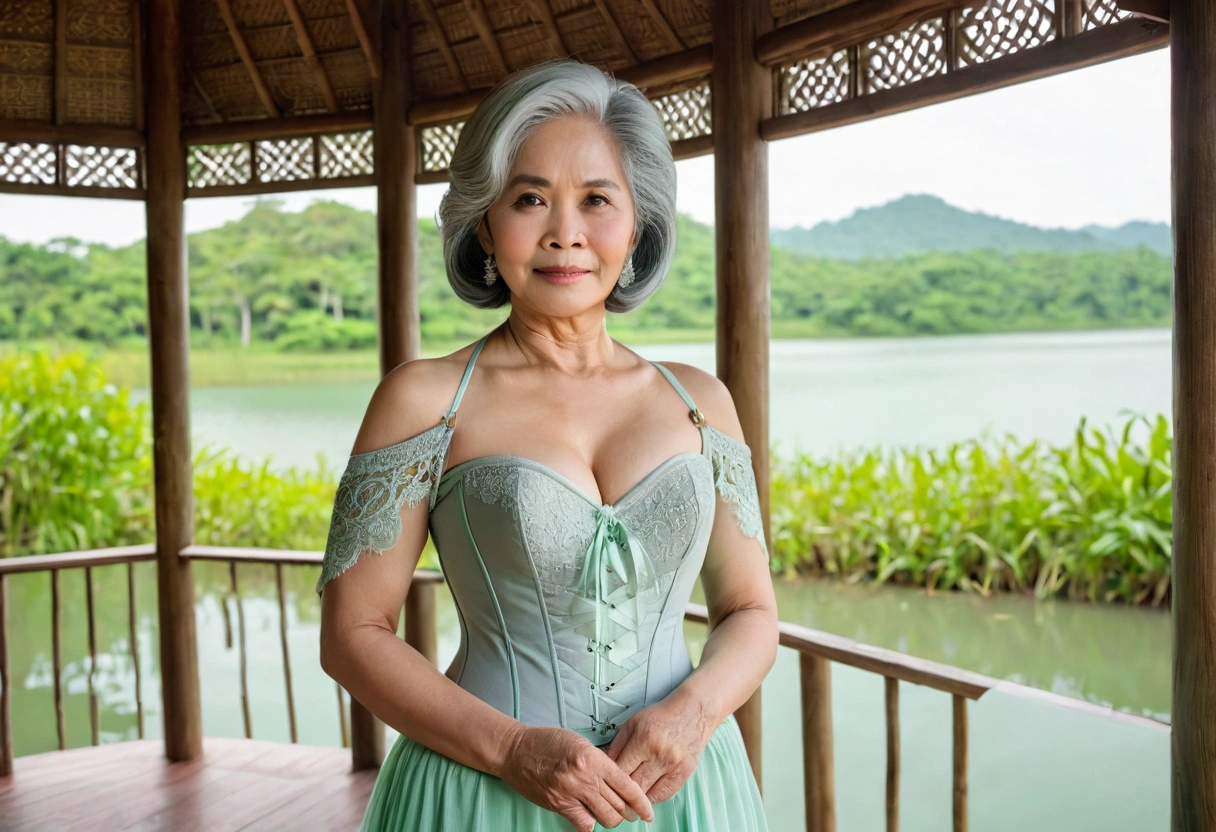 A thick Thai woman with a deep natural cleavage  in her 60s with shoulder-length grey hair stands gracefully in a traditional wooden pavilion overlooking a tranquil lake. She wears a soft mint green corset with delicate lace accents, paired with a flowing chiffon skirt. The gentle light reflecting off the water casts a soft glow, emphasizing her radiant beauty and the intricate details of her outfit. Her poised stance and serene expression