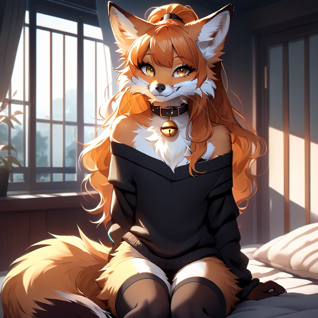 full body、Solo、unpralleled masterpiece、Detailed、 Beautiful、 score_9、 score_8_up、 score_7_up、moody atmosphere、mysterious、fox、anthro、furry、female、orange fur、(long hair、beautiful hair、orange hair、side swept hair、bangs)、yellow eyes、(fur tuft on chest、tuft of fur)、(digitigrade、claws、fox paws、exposed feet)、(foxy whiskers)、(heavily shaded orange body、dark black shading on body)、(sassy pose、sassy hips、sassy、flirtatious)、fluffy tail、(soft smile、light smile)、wearing (Black simple stylish long socks、non-transparent thigh highs、Black crop off shoulder sweater、Colored hair bow、Collar with gold bell)、indoors、in a bedroom、pillow