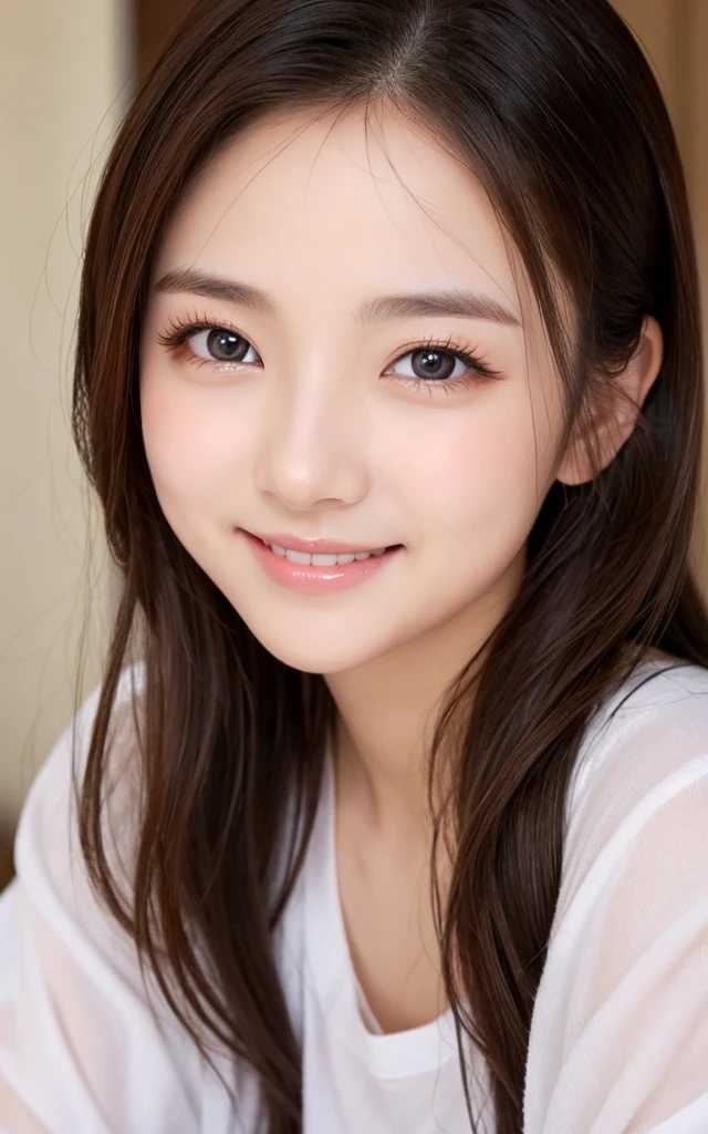 (Realistic: 1.4), (Highest quality: 1.4), Ultra-high resolution, (fine grain),,Extremely close-up face,,(Beautiful breasts),Berry Short,high school student、As if I was lying on top of you in bed、,Big eyes,Blushing、Ta,((smile)),Highly detailed face and skin texture, Healthy Skin,8K resolution、Stick out your tongue、esotropia、