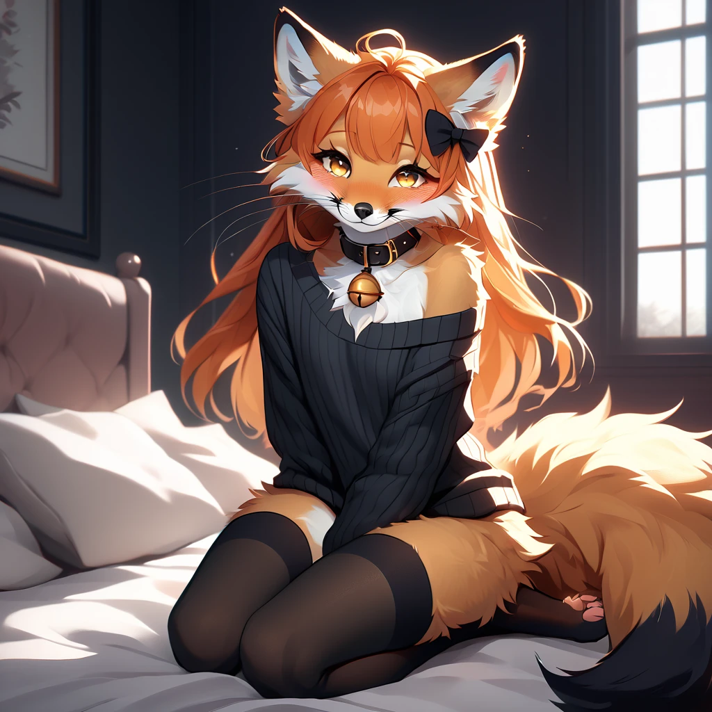 full body、Solo、unpralleled masterpiece、Detailed、 Beautiful、 score_9、 score_8_up、 score_7_up、moody atmosphere、mysterious、fox、anthro、furry、female、orange fur、(long hair、beautiful hair、orange hair、side swept hair、bangs)、yellow eyes、(fur tuft on chest、tuft of fur)、(digitigrade、claws、fox paws、exposed feet)、(foxy whiskers)、(heavily shaded orange body、dark black shading on body)、(sassy pose、sassy hips、sassy、flirtatious)、fluffy tail、(soft smile、light smile、blushing、looking at viewer with adoration)、wearing (Black simple stylish long socks、non-transparent thigh highs、Black crop off shoulder sweater、Colored hair bow、Collar with gold bell)、indoors、in a bedroom、pillow