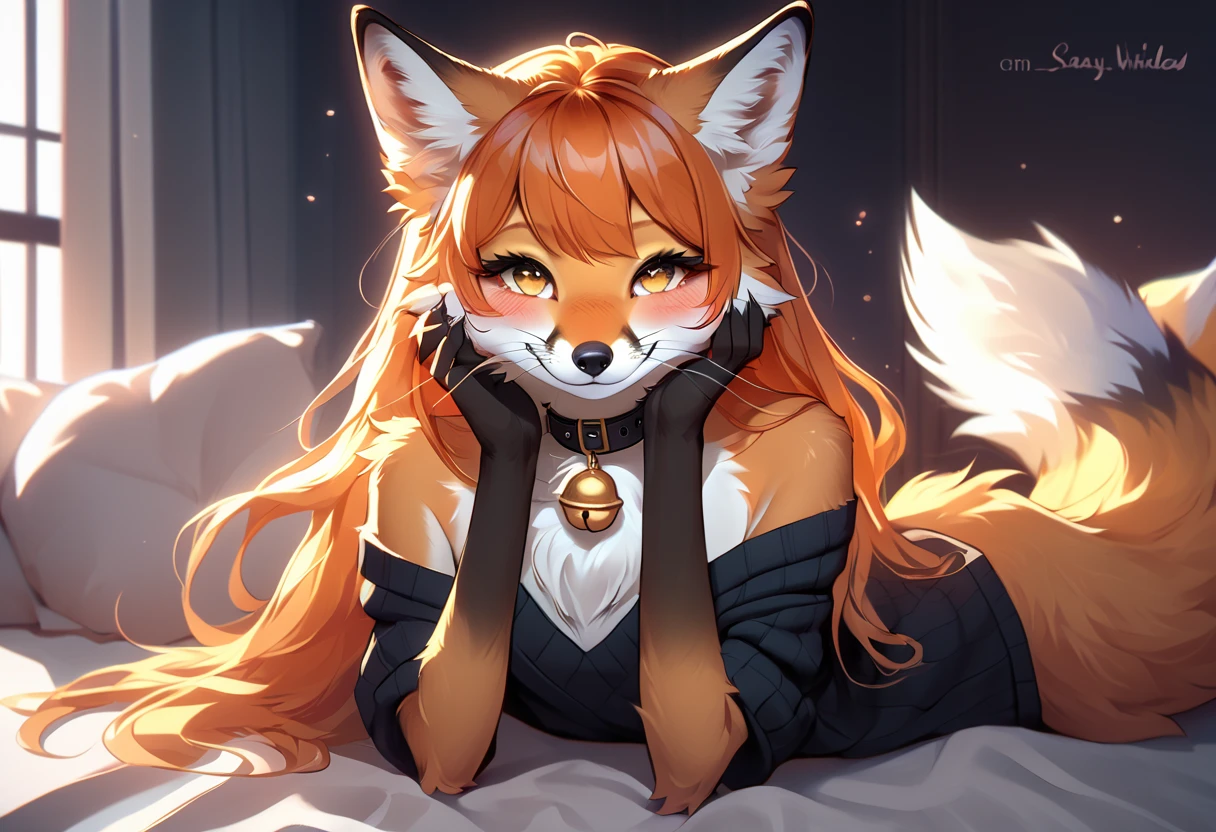 full body、Solo、unpralleled masterpiece、Detailed、 Beautiful、 score_9、 score_8_up、 score_7_up、moody atmosphere、mysterious、fox、anthro、furry、female、orange fur、(long hair、beautiful hair、orange hair、side swept hair、bangs)、yellow eyes、(fur tuft on chest、tuft of fur)、(digitigrade、claws、fox paws、exposed feet)、(foxy whiskers)、(heavily shaded orange body、dark black shading on body)、(sassy pose、sassy hips、sassy、flirtatious)、fluffy tail、(soft smile、light smile、blushing、looking at viewer with adoration)、wearing (Black simple stylish long socks、non-transparent thigh highs、Black crop off shoulder sweater、Colored hair bow、Collar with gold bell)、indoors、in a bedroom、pillow