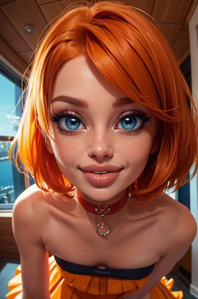 1girl, big clear eyes, eye contact, (small breasts:1.2), red choker, wide view, parted lips, pulpy lips, bright orange hair, showing off skirt, short messy hair, bangs, highly detailed, soft tones, extreme detail, no background, (detailed textures:1.1),  dramatic light, happy smile, high Depth Of Field, slight fisheye lens