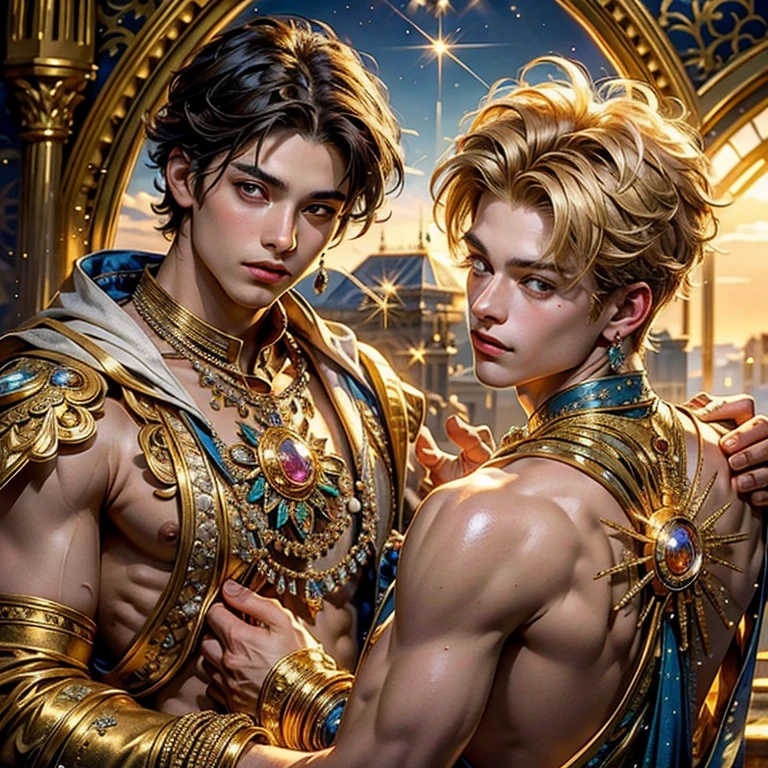  masterpiece fails,  high quality , Close-up of 2 boys against a background of sparkling jewels in artistic gold vessels, adorned with precious stones , diamonds , pearl , sun rays sparkle , reflecting off all this splendor , like laser beams , just fantastic !  very detailed ,  Colorful , The most detailed